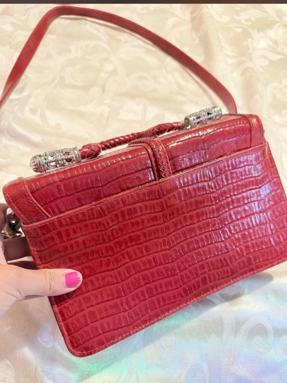 Vintage Red crocodile textured handbag with silver hardware